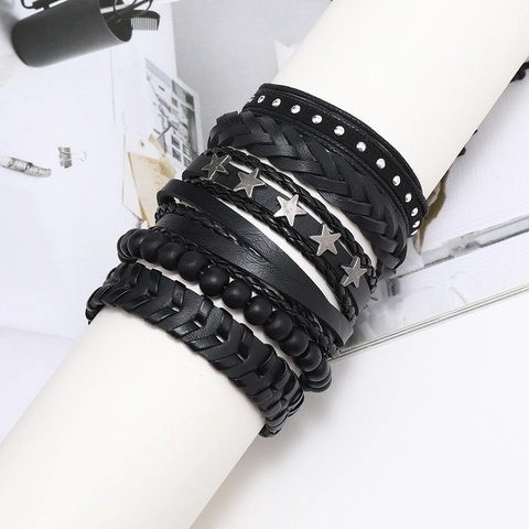 Punk Star Rivet Beaded Bracelet Combo PU Leather Alloy Adjustable Layered Boho Wristband For Men Fashion Jewelry Gift