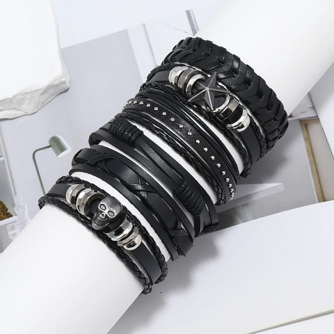 Handgemacht Mehrlagig Leder Punk Rock Totenkopf Armband Herren Vintage Stern Element Legierung Biker Armreif Schmuck