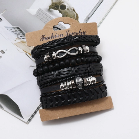 Herren Vintage Punk Hip Hop Geflochtenes Leder Armband Set Mit Legierung Totenkopf Und Unendlichkeitssymbol Schmuck