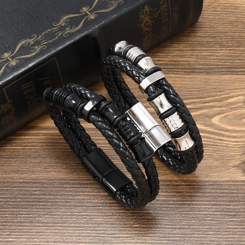 Men's Vintage Double Layer Braided PU Leather Bracelet With Alloy Magnetic Clasp Handmade Punk Style Wristband Jewelry
