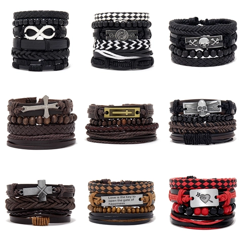 Bracciale in Pelle Intrecciata Multistrato da Uomo Stile Vintage Punk Lega Croce Teschio Infinito Ciondoli Cinturino Avvolgente Regolabile Gioielli