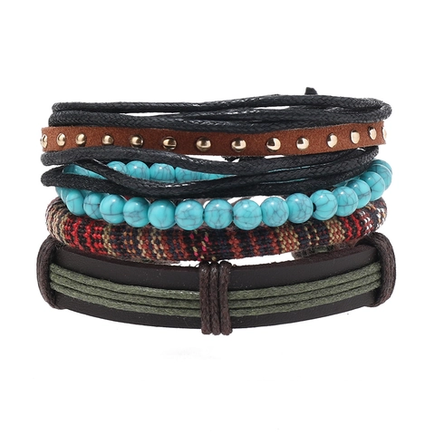 Set di Bracciali Multistrato Vintage Bohémien per Donna Uomo Pelle Sintetica Intrecciata Fatta a Mano Turchese Artificiale Gioielli