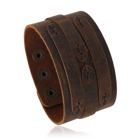 Bracciale da Uomo in Vera Pelle Larga Vintage Punk Multistrato con Bottone a Pressione in Metallo Regolabile Fatto a Mano