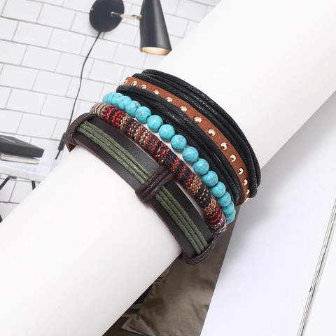 Set di Bracciali Multistrato Vintage Bohémien per Donna Uomo Pelle Sintetica Intrecciata Fatta a Mano Turchese Artificiale Gioielli