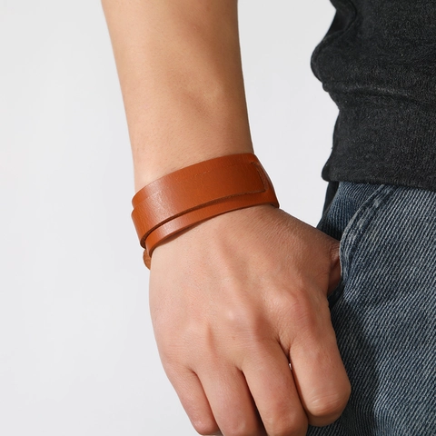 Retro Men Wide Cattle Hide Leather Bracelet With Bronze Alloy Pin Buckle Adjustable Punk Rock Wristband Jewelry Gift