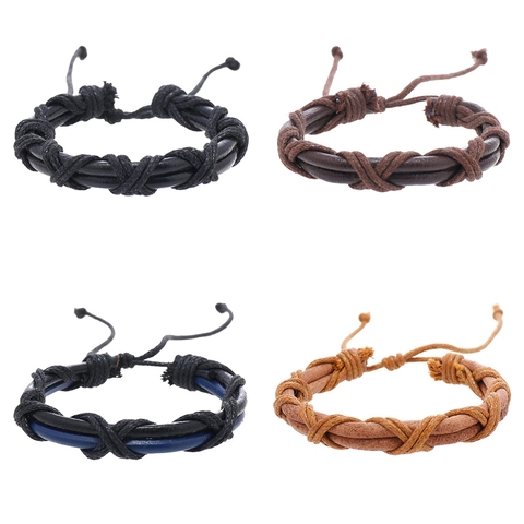 Bracelet en Cuir Tressé Rétro pour Homme Fait à la Main Cuir de Vache Fil Ciré Forme en X Réglable Punk Bracelet Vintage Bohème