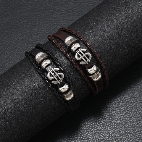 Vintage Heren Meerlaags Handgeweven Rundleren Armband Met Dollarteken Legering Kralen Punk Street Fashion Polsband