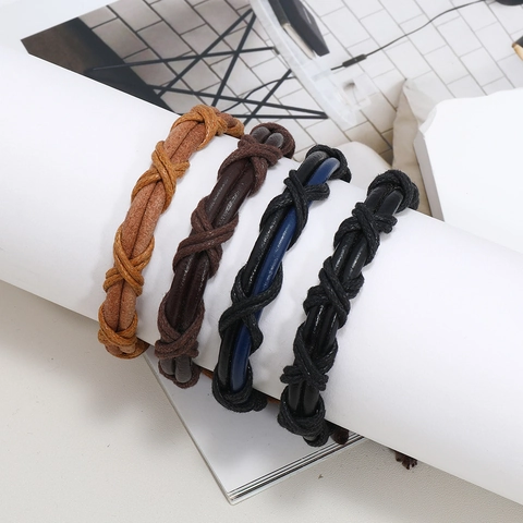 Bracelet en Cuir Tressé Rétro pour Homme Fait à la Main Cuir de Vache Fil Ciré Forme en X Réglable Punk Bracelet Vintage Bohème