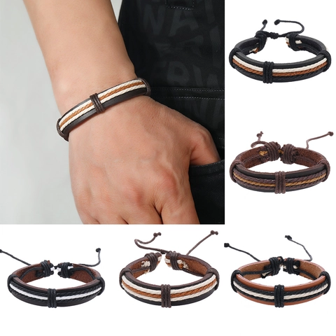 Bracelet en Cuir Tressé Multicouche Vintage pour Hommes Bracelet en Cordon de Cuir Fait à la Main Bijoux de Mode Minimalistes Rétro