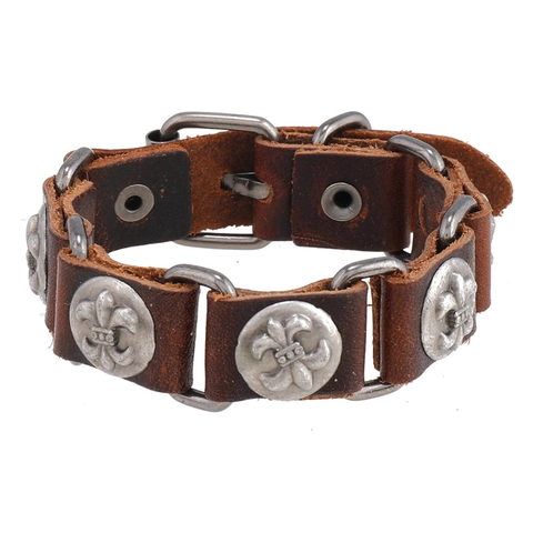 Bracciale da Uomo in Vera Pelle Vintage con Giglio in Lega d'Argento Antico Fatto a Mano Regolabile Punk Gioielli