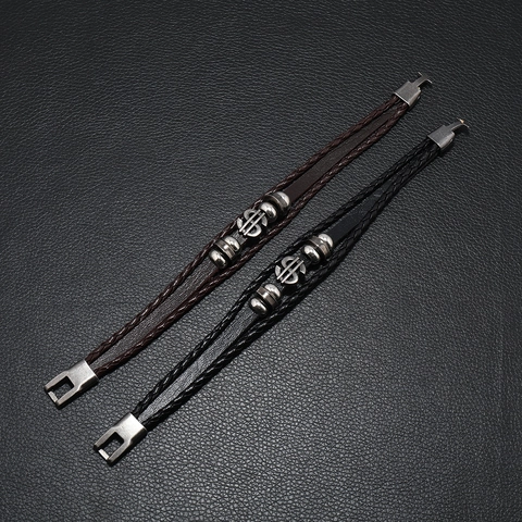 Vintage Heren Meerlaags Handgeweven Rundleren Armband Met Dollarteken Legering Kralen Punk Street Fashion Polsband