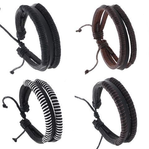 Handmade Woven Cowhide Leather Bracelet For Men Women Multi-Layer Adjustable Braided Cord Retro Punk Wristband Jewelry