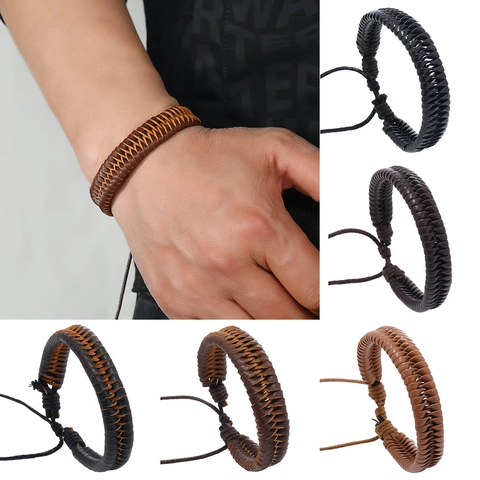 Vintage Men's Hand-Woven PU Leather Bracelet Adjustable Wax Rope Fishbone Braided Wrap Wristband Retro Casual Jewelry Gift