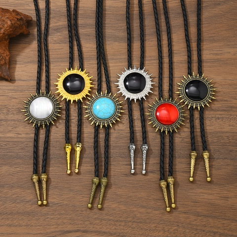 Vintage Western Cowboy Bolo Tie Alloy Sunflower Pendant Adjustable Artificial Leather Braided Cord Necklace Men Women Accessory
