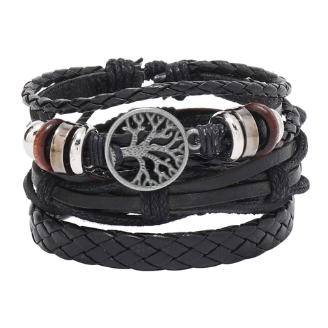 Bracciale Multistrato in Pelle Vintage Albero della Vita da Uomo Cordino Intrecciato a Mano Ciondolo Regolabile Gioielleria