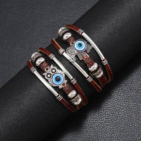 Böhmisches Vintage Mehrlagiges Lederarmband Herren Damen Edelstahlverschluss Böser Blick Eule Elefant Charm Geflochtener Schmuck