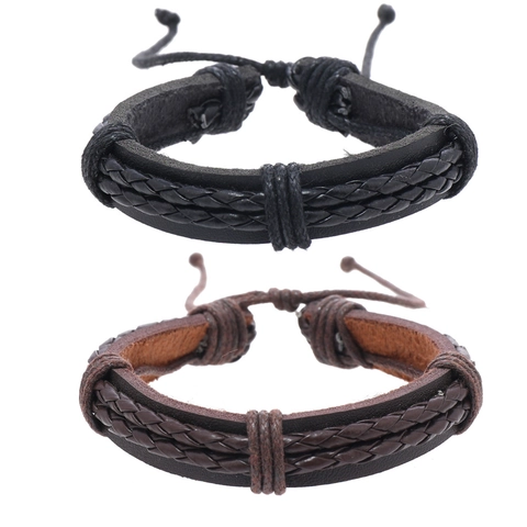 Men Braided Leather Bracelet Handmade Leather Double Layer Adjustable Retro Punk Style Fashion Wristband Jewelry Gift