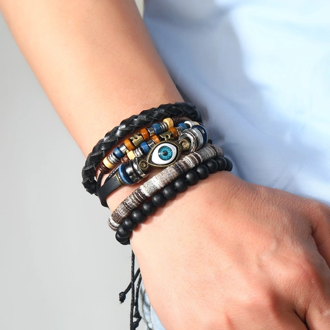 Men Vintage Multi-layer Leather Braided Bracelets With Evil Eye Hamsa Hand Wood Beads Ethnic Tribal Style Jewelry Gift