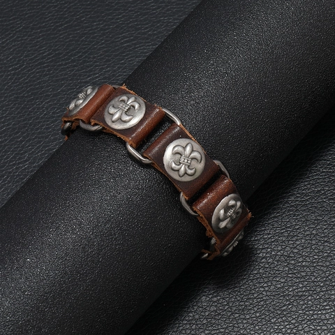 Bracciale da Uomo in Vera Pelle Vintage con Giglio in Lega d'Argento Antico Fatto a Mano Regolabile Punk Gioielli