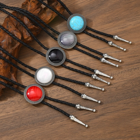 Bolo Tie Western Cowboy Vintage per Uomo Donna Collana in Corda Intrecciata in Pelle Lega Retro Ciondolo in Pietra Artificiale Accessori