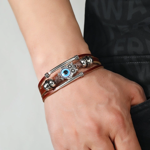 Böhmisches Vintage Mehrlagiges Lederarmband Herren Damen Edelstahlverschluss Böser Blick Eule Elefant Charm Geflochtener Schmuck