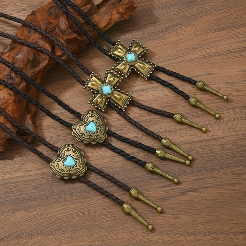 Vintage Western Cowboy Bolo Tie Alloy Cross Heart Pendant Necklace With Artificial Turquoise Braided Wax Cord Unisex Retro Jewelry