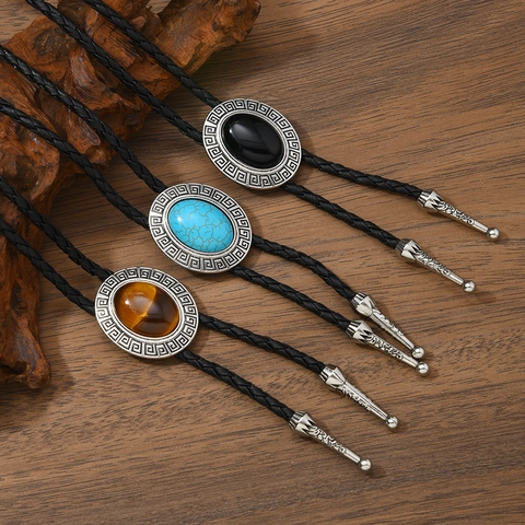 Vintage Western Cowboy Bolo Tie Leather Wax Cord Alloy Inlaid Turquoise Black Onyx Tiger Eye Greek Key Pendant Necklace For Men Women Unisex