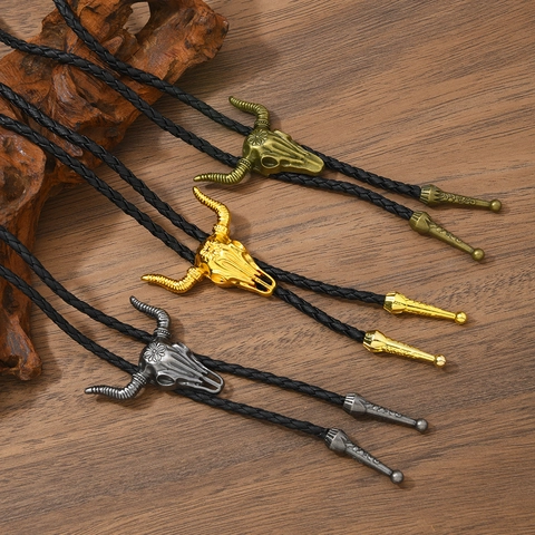 Vintage Western Cowboy Bull Skull Bolo Tie Adjustable Braided Leather Cord Bull Head Pendant Necklace For Men Women Jewelry