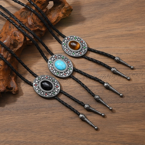 Western Vintage Bolo Tie For Men Women Alloy Oval Artificial Stone Inlaid Ethnic Pendant Braided Faux Leather Rope Necklace Jewelry