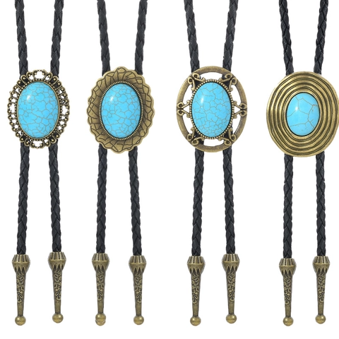 Vintage Western Cowboy Bolo Tie Artificial Turquoise Alloy Pendant Braided Artificial Leather Rope Adjustable Men Women Necklace Jewelry