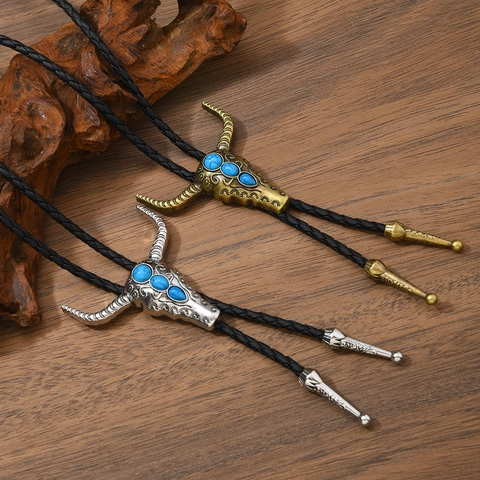 Retro Bull Head Western Bolo Tie Handwoven Leather Rope Alloy Necklace With Artificial Turquoise For Men Women Cowboy Jewelry