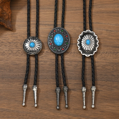 Western Turquoise Bolo Tie Vintage Κρεμαστό Κόσμημα από Κράμα Πλεγμένο Κορδόνι Retro Cowboy Στυλ Unisex Κοσμήματα Δώρο