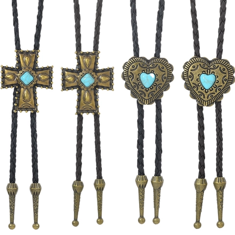 Vintage Western Cowboy Bolo Tie Alloy Cross Heart Pendant Necklace With Artificial Turquoise Braided Wax Cord Unisex Retro Jewelry