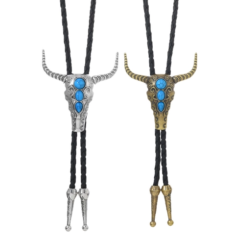Retro Bull Head Western Bolo Tie Handwoven Leather Rope Alloy Necklace With Artificial Turquoise For Men Women Cowboy Jewelry