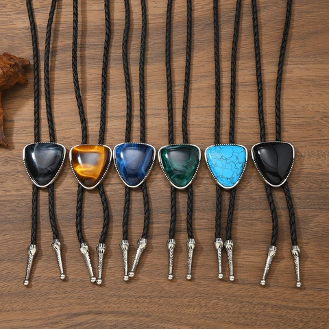Corbata de Bolo Vintage Western Cowboy Colgante de Piedra Triangular Corazón Aleación Hecha a Mano Cordón de Cuero Trenzado Negro para Hombres Mujeres