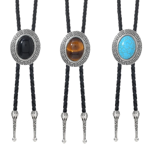 Vintage Western Cowboy Bolo Tie Leather Wax Cord Alloy Inlaid Turquoise Black Onyx Tiger Eye Greek Key Pendant Necklace For Men Women Unisex