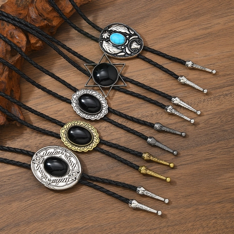 Cravatta Bolo Vintage Western Cowboy Cordino in Pelle Intrecciata Lega Antica Pendente con Pietra Nera Turchese Collana Unisex Gioielli Retro