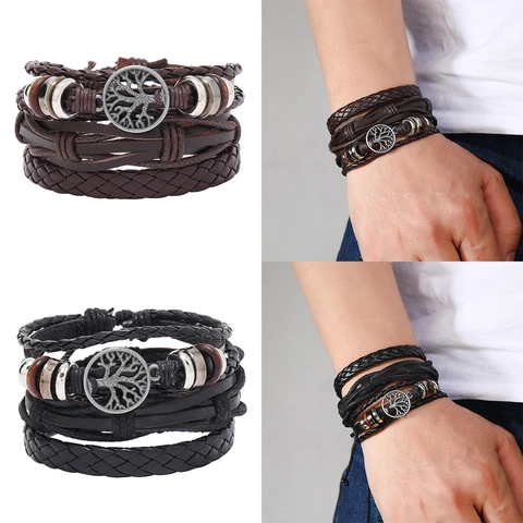 Bracciale Multistrato in Pelle Vintage Albero della Vita da Uomo Cordino Intrecciato a Mano Ciondolo Regolabile Gioielleria