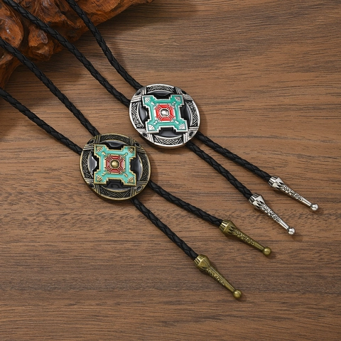 Cravatta Bolo Vintage Western Cowboy Ciondolo in Smalto Totem Tribale Cordino in Pelle Intrecciata per Uomo Donna Gioielli