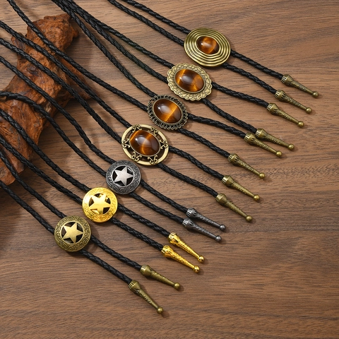 Cravate Bolo de l'Ouest Vintage pour Hommes Femmes Pendentif Étoile en Alliage Rétro Pierre Artificielle Collier Cordon en Similicuir