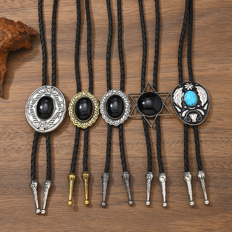 Cravatta Bolo Vintage Western Cowboy Cordino in Pelle Intrecciata Lega Antica Pendente con Pietra Nera Turchese Collana Unisex Gioielli Retro
