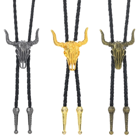 Vintage Western Cowboy Bull Skull Bolo Tie Adjustable Braided Leather Cord Bull Head Pendant Necklace For Men Women Jewelry