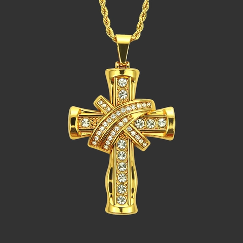Collana con Ciondolo a Croce in Lega Strass Hiphop per Uomo Catena a Corda Placcata Oro Argento Gioielli di Moda Religiosa