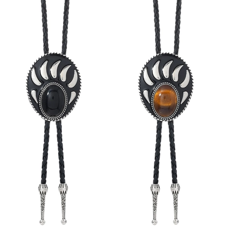 Vintage Western Cowboy Bolo Tie Pendente in Pietra Zampa d'Orso Lega Corda Intrecciata Etnico Retro Cravatta Uomo Donna Gioielli