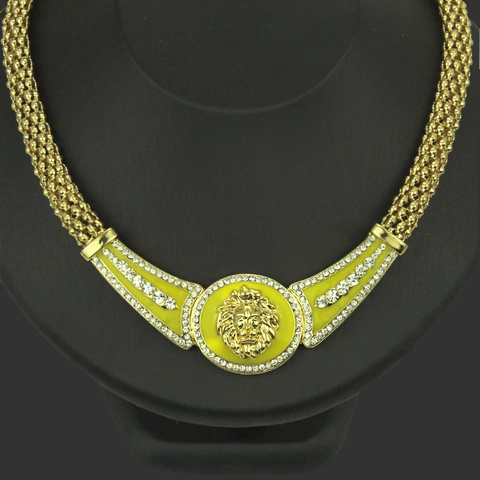 Collana con Ciondolo Testa di Leone Hip Hop per Uomo Donna Lega Placcata Oro Medaglione Smalto Animale Gioielli Strass