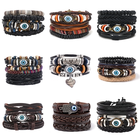 Men Vintage Multi-layer Leather Braided Bracelets With Evil Eye Hamsa Hand Wood Beads Ethnic Tribal Style Jewelry Gift