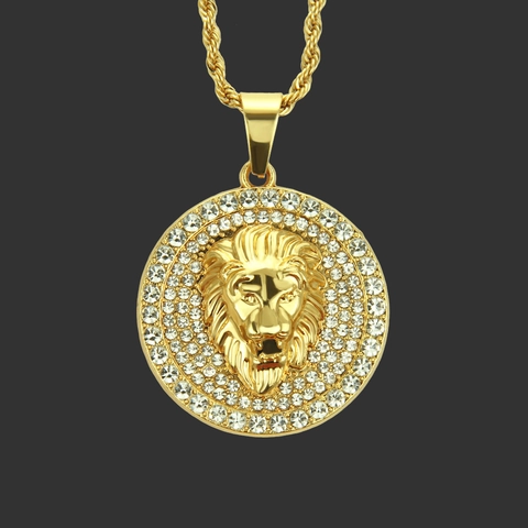 Collar con Colgante de Cabeza de León Hip Hop Aleación Diamante de Imitación Medallón Redondo Cadena de Cuerda Para Hombres Joyería de Calle Vintage Tono Oro Plata