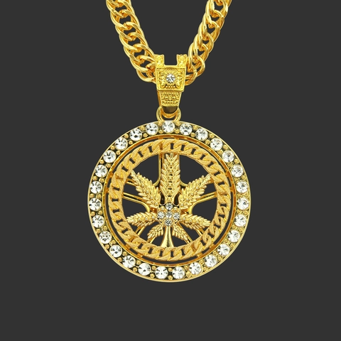 Collar Hip Hop Aleación Diamante Imitación Colgante Hoja Giratoria Para Hombre Mujer Oro Plata Colgante Redondo Hoja Cadena Cubana Joyería