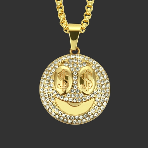 Collana con Pendente a Forma di Faccina Sorridente con Segno del Dollaro Hip Hop Orecchini Placcati in Oro con Strass Gioielli da Uomo Donna