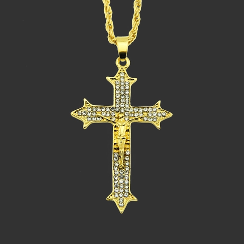 Hiphop Rhinestone Crucifix Pendant Necklace Alloy Jesus Cross Pendant Gold Plated Rope Chain Religious Jewelry For Men Women